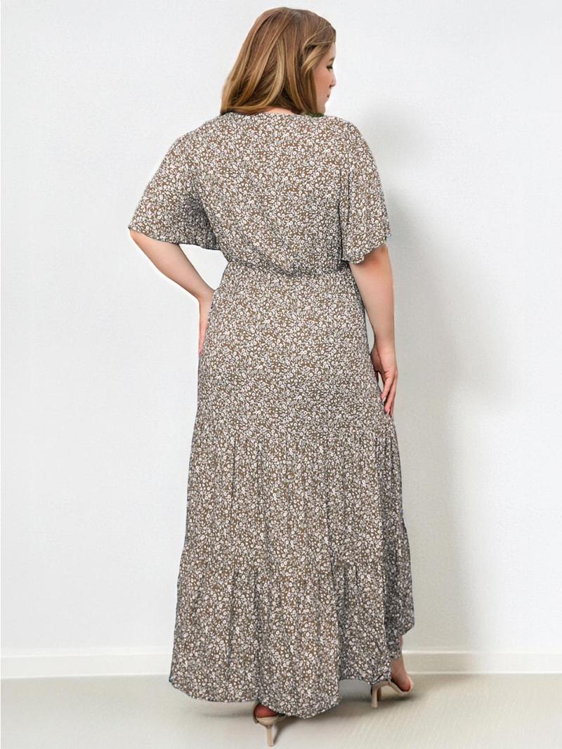 Product Introduction of 【Plus Size】 Ditsy Floral Print Round Neck Dress, Fashion Casual Short Sleeve Long Dress for Daily Holiday Vacation Wear, Women Plus Clothing for All Seasons 5