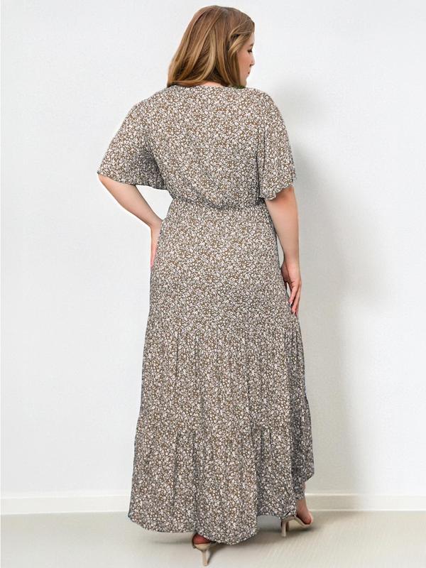 【Plus Size】 Ditsy Floral Print Round Neck Dress, Fashion Casual Short Sleeve Long Dress for Daily Holiday Vacation Wear, Women Plus Clothing for All Seasons 4