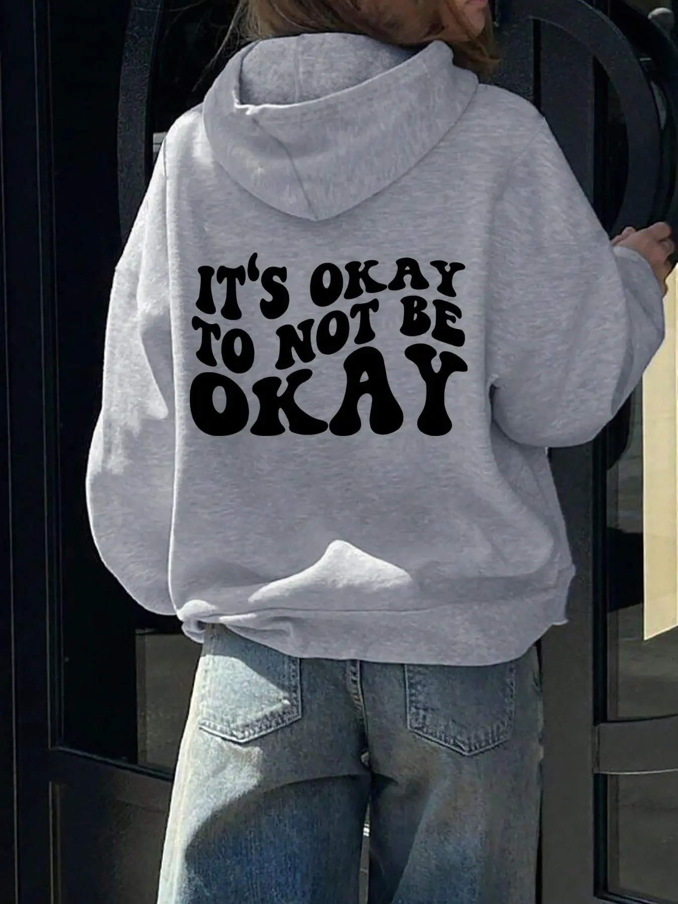 【Plus Size】 Letter & Geometric Print Hoodie, Casual It's Not Okay To Not Be Okay Print Hooded Sweatshirt for Fall & Winter, Women's Clothing for Daily Wear
