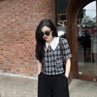 Áo sơ mi nữ Kẻ công sở dáng suông cổ bèo áo kiểu Hàn Quốc, dáng basic dễ phối đồ A399 Top Cổ Tròn áosơmi miu set bbr đồ tingoan áokhoác younggreen váy bônggòn Shirt Women