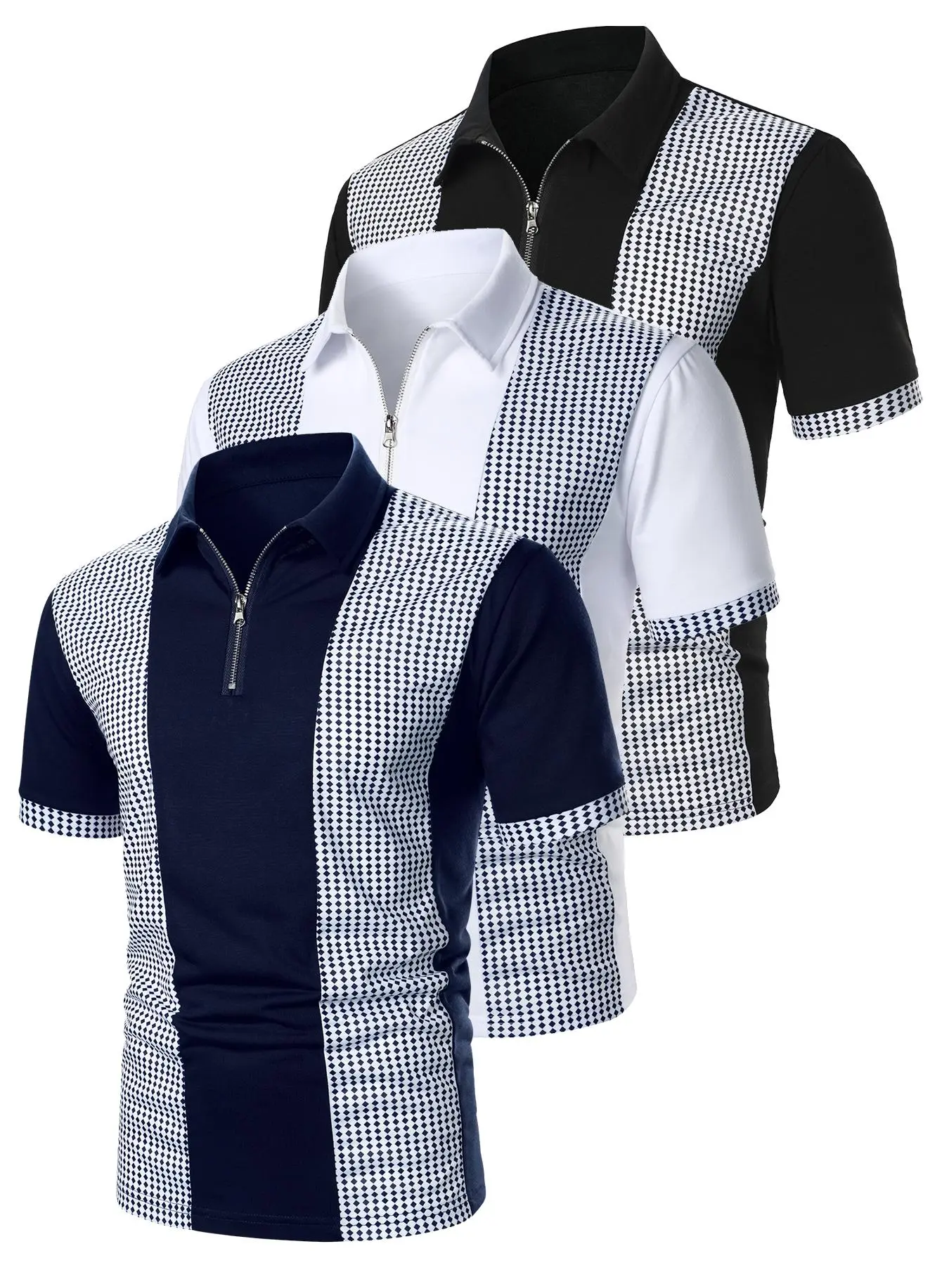 Men's Geometric Print Half Zip Polo Shirt, Regular Fit Casual Short Sleeve Collared Top for Summer, Fashion Men's Clothes for Daily Wear