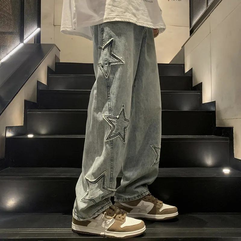 Straight-Leg Denim Trousers Men's High-Grade Winter Tide Wide-Leg Pants Autumn and Winter Loose American High Street Vibe Pants Jeans Menswear Lingerie Streetwear Beige Plain Pockets Twilight Baggy Oversize