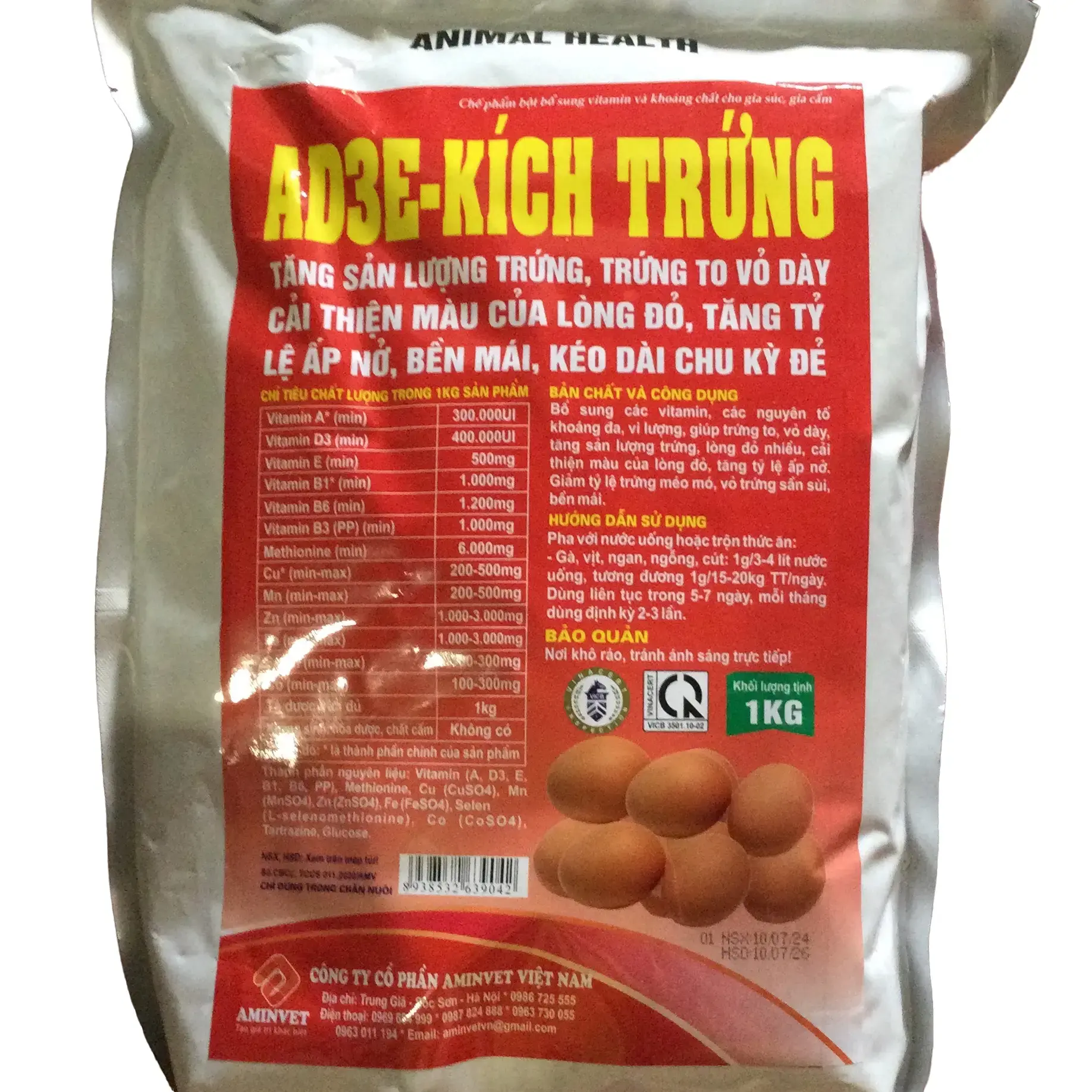 AD3E kích trứng gói 1kg, tăng sản lượng trứng, kéo dài chu kì đẻ, bền mái.Bột trộn thức ăn cho gia cầm