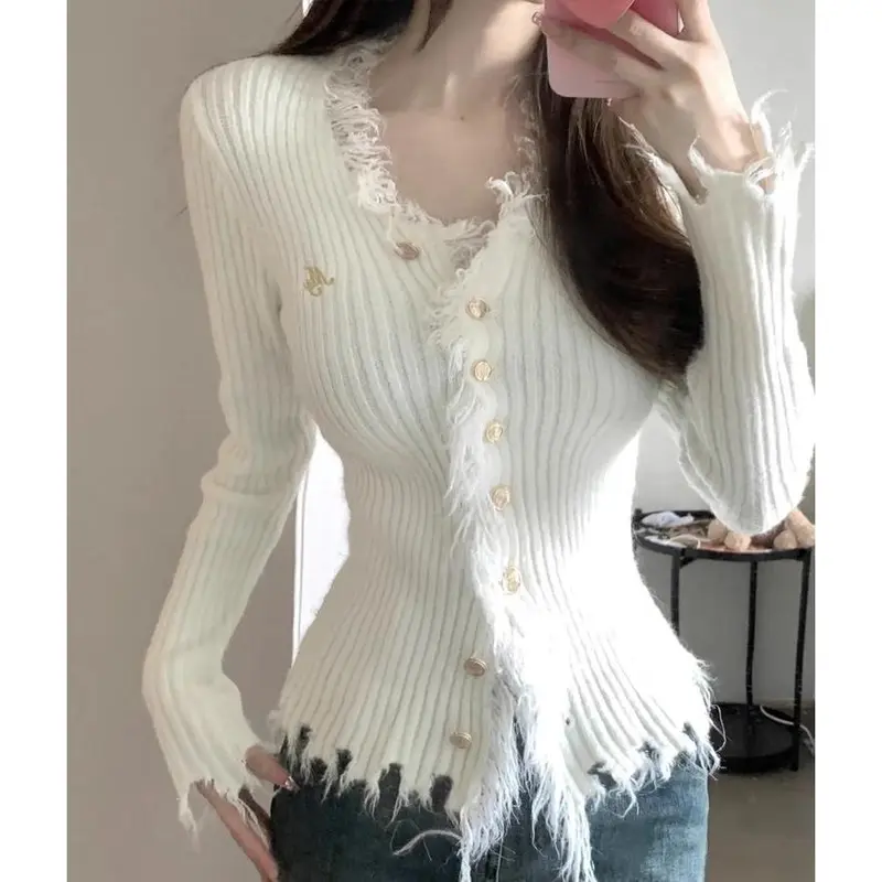 Đồ Len Cho Nữ, Cổ Chữ V Nhẹ Nhàng, Có Burr Và Tua Rua, Áo Cardigan Thanh Lịch, Hàng Mới Về Đầu Mùa Thu, Áo Lớp Cơ Sở 5