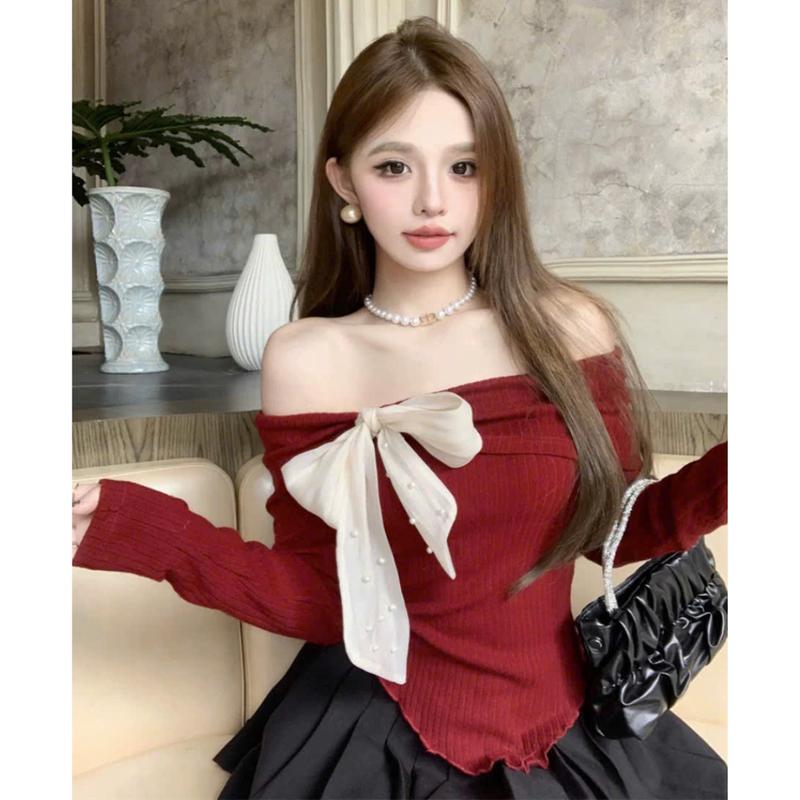 Áo kiểu nữ sang chảnh trễ vai chất thun len dài tay thắt nơ voan đính ngọc trai A087 top fashion Nhung Women Nhung Women cá tính trơn T-shirts Sơ Mi Voi Jean