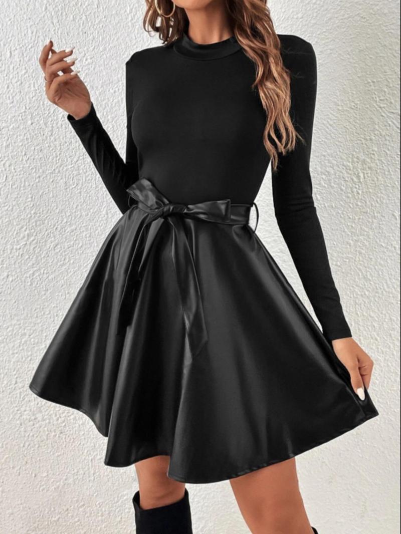 Product Introduction of Women's Solid Belted Pu Leather Patchwork Dress, Elegant Fashion Casual Crew Neck Short Dress for Daily Outdoor Wear, Women Clothing for Spring Fall 4