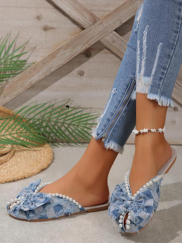 Women's Elegant Faux Pearl Decor Bowknot Design Slide Gypsy Sandals, Casual Cowboy Style Slide Slippers for Beach, Summer 2024 Fashion Slide Sandals for Vacation 4