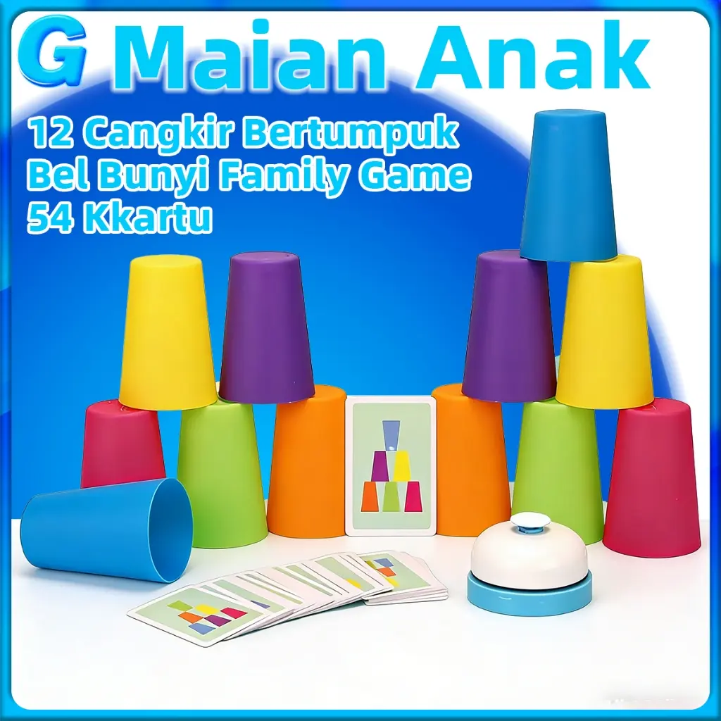 Stack Cup Game Mainan Edukasi Anak Dengan 12 Cangkir Bertumpuk + 54 Kkartu + Bel Bunyi Kartu Pencerahan Intelektual Kognisi Mainan Warna Anak Permainan Anak
