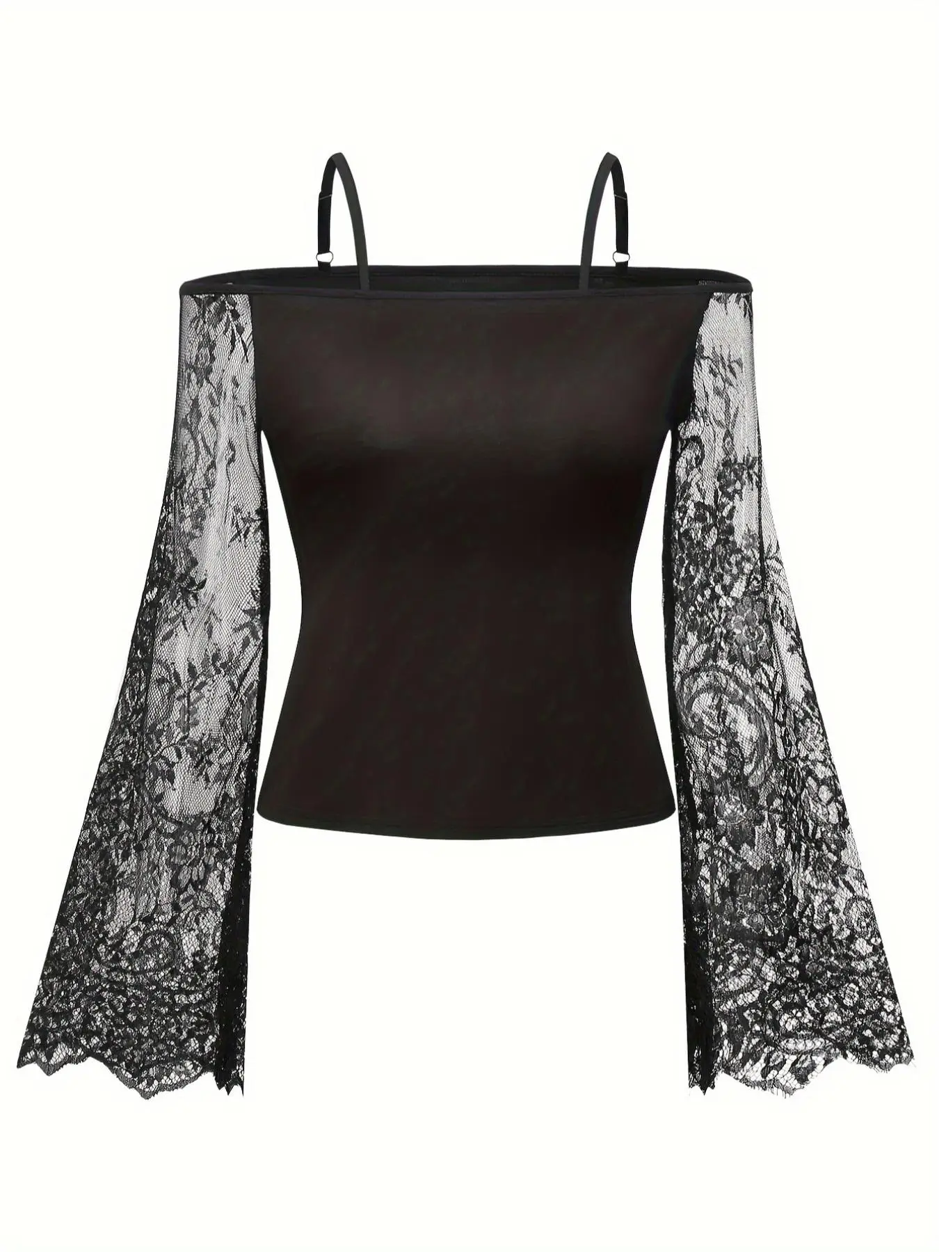 Women's Floral Lace Cold Shoulder Tee, Elegant Adjustable Spaghetti Strap T-Shirt for Vacation Holiday Party, Ladies Clothes for All Seasons Valentine's Day, gift