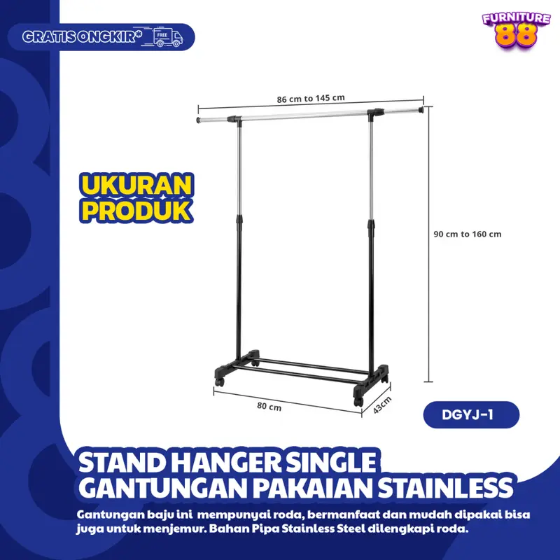 FURNITUR88 Stand Hanger Gantungan Baju Single Bahan Pipa Besi Stainless Dengan Roda Plastik ABS Untuk Gantungan Pakaian Handuk DLL COD 2