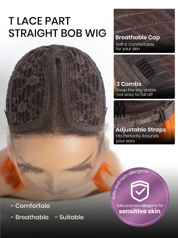 Orange Straight Human Hair Wigs, Glueless T Part Lace Front Wigs, Pre-Plucked Hairline, Natural Looking Wigs for Women 4