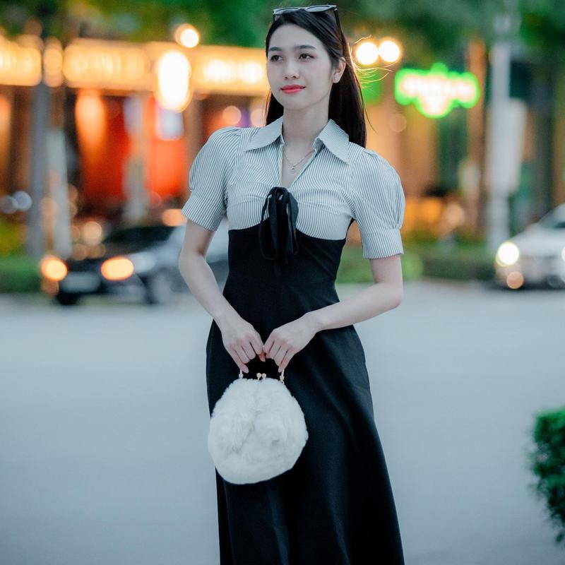 Đầm dự tiệc nữ tay ngắn phồng phối cổ sơ mi tiểu thư, váy đầm dáng dài xòe vải cotton lạnh cao cấp - RABITSWHITE 1