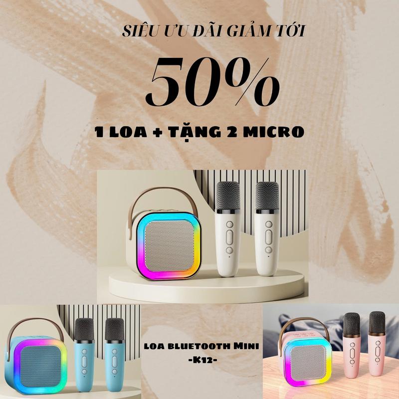 Loa Bluetooth Karaoke Mini K12 - Công suất 10W, 2 micro không dây cầm tay mini, sạc không dây - Kem, Củ Loa Nghe Nhạc