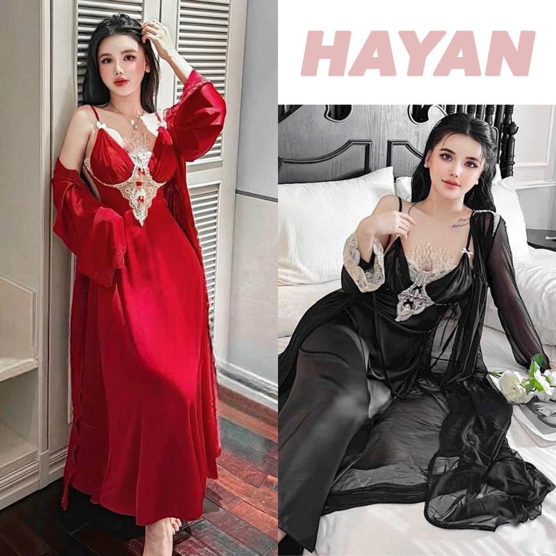 HT853 Set váy ngủ và áo choàng dáng dài tiểu thư có MÚT ĐỆM phối ren dáng xoè tôn dáng