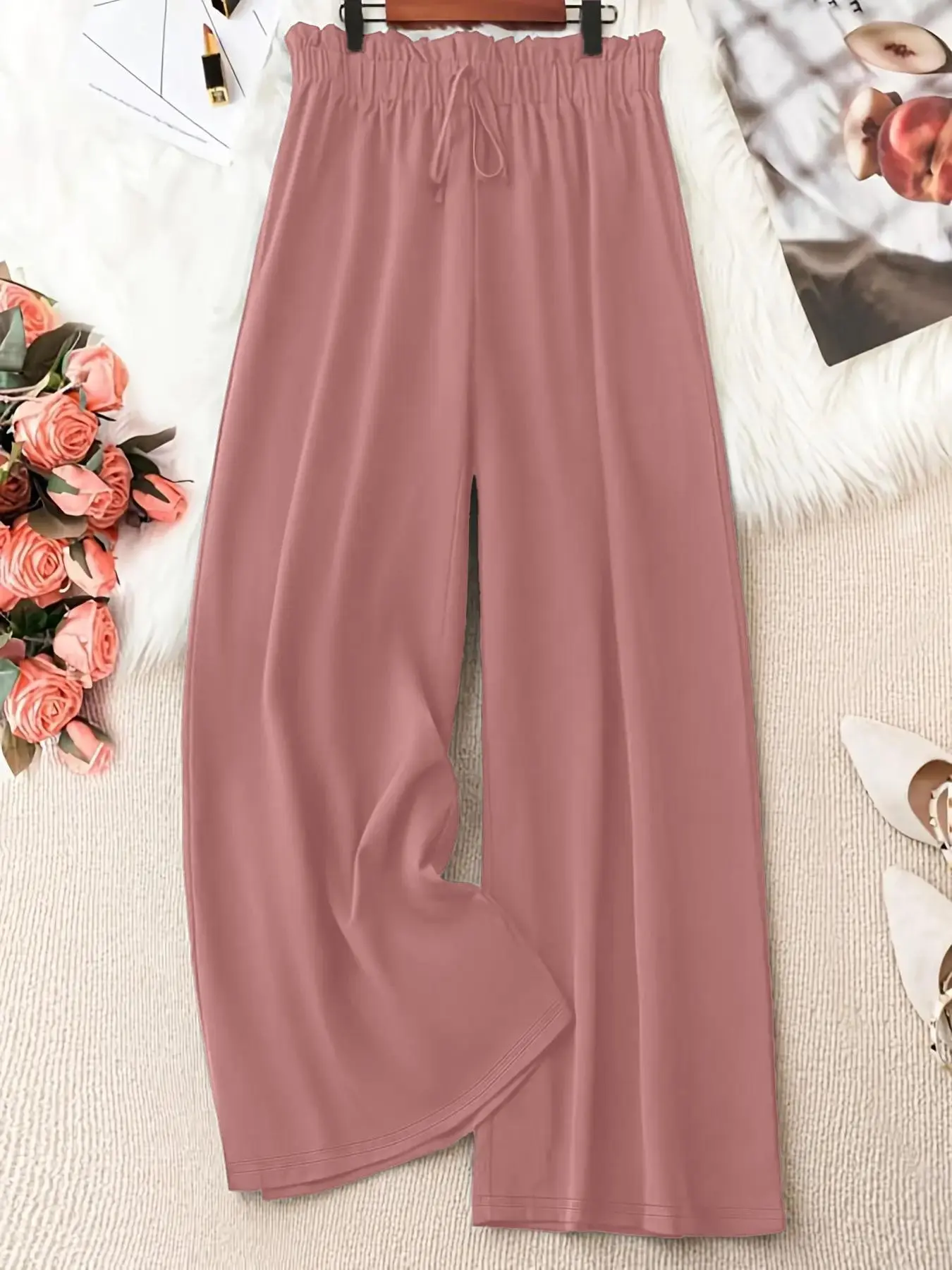 【Plus Size】 Solid Knot Front Elastic Waist Wide Leg Pants, Casual Chic Loose Trousers for Daily Wear, Women's Bottoms for Spring & Fall
