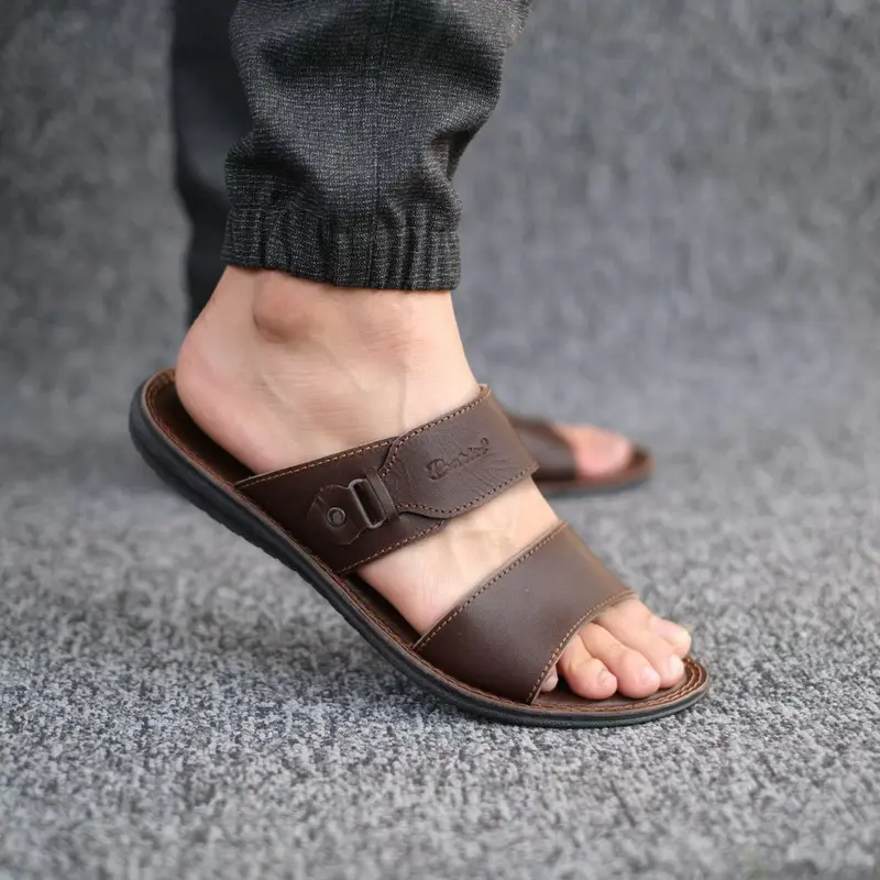 Sandal Slide Pria Kasual Kulit Asli Original - Sandal Selop Pria Laki Cowok Kulit Asli Barlin Original - Sandal Kulit Terbaru Keren Modern Kekinian - 0