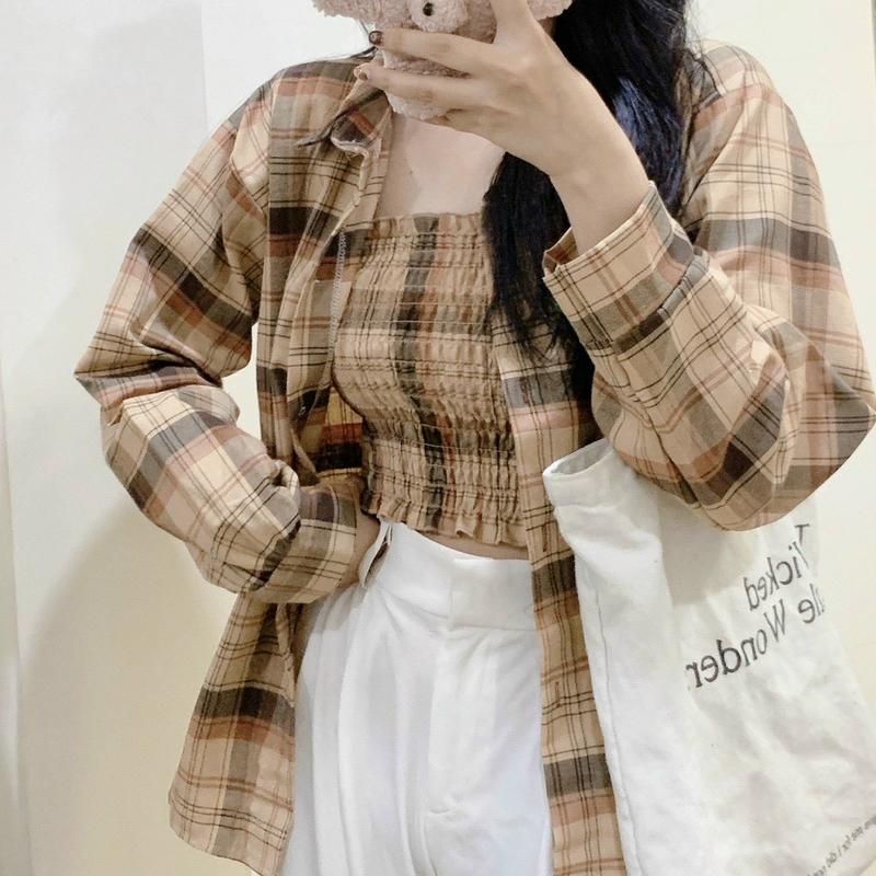 Combo Áo sơ nữ áo trong và ngoài kiểu dáng caro cực đẹp phối nút tay bo nhiều màu Top Nữ