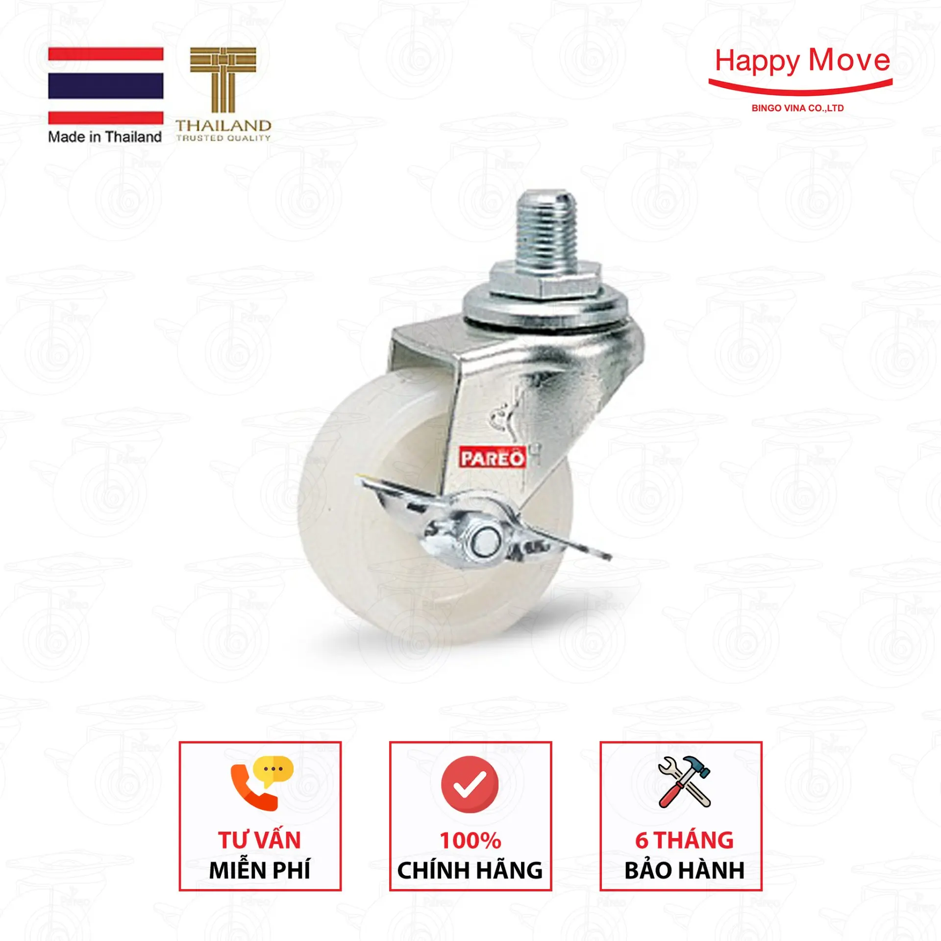 Bánh xe đẩy nylon tải nhẹ càng cọc vít xoay có khóa - 50-65-75mm - Happy Move Thái Lan