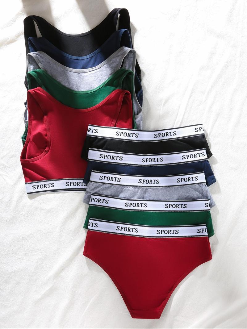 Product Introduction of Women's Solid Color Letter Tape Wireless Bra & Panty Set, Casual Comfortable Fit Breathable U Neck Sports Bra & Panty Set for Daily Wear, Underwear Set Athletic for Women 2