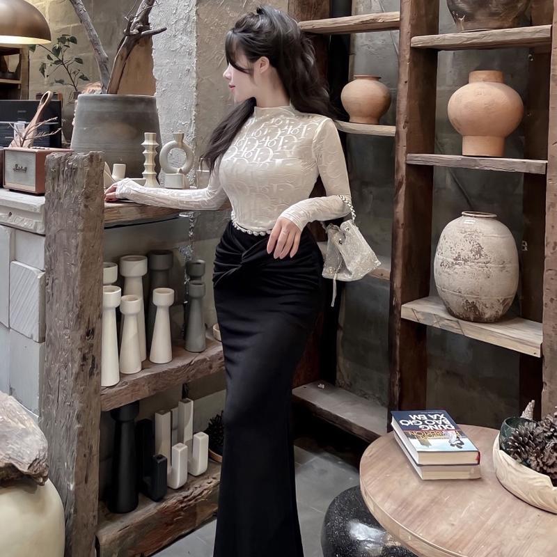 Váy đầm body 3 màu lưới ren cổ tròn phối dây ngọc [Hàng Có Sẵn] women váy xinh dress Dress Khuy Umi