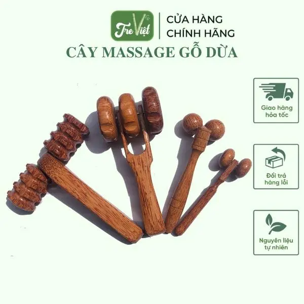 Cây lăn massage gỗ dừa cầm tay - Cây mát xa mặt/ cổ/ vai/ gáy/ lưng