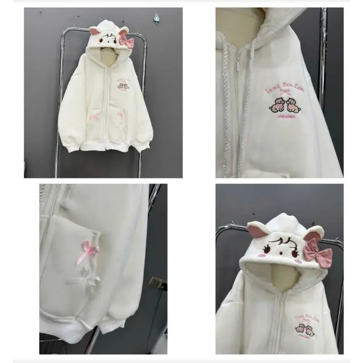 Áo khoác nỉ  hoodie zip nữ hoạ tiết  cún nổi bật mũ phối tai   kem nơ cực xinh Top Womentop 2025 5