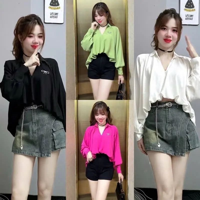 Áo sơ mi sơ vin Women cổ trụ V tay dài màu trơn dáng bồng bềnh vạt sole chất voan 2lớp dáng rộng
