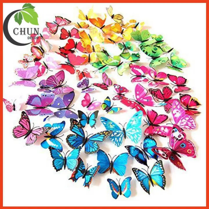 Combo 12 decal dán tường hình bướm 3D trang trí cửa kính, tủ quàn áo, giỏ hoa, ảnh treo tường
