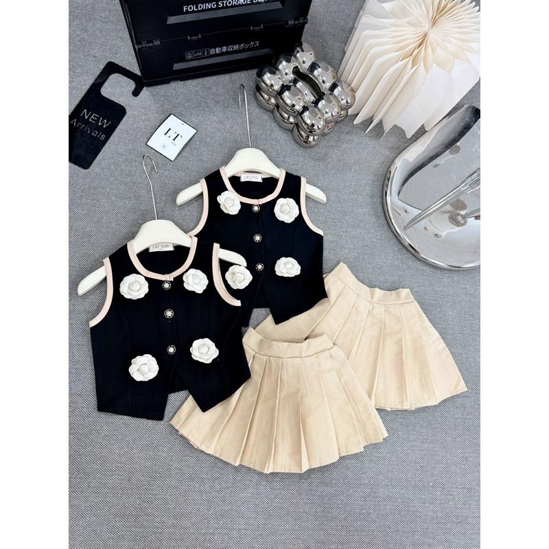 Set áo gile CS407 hoa trà chân váy xếp ly cho bé gái