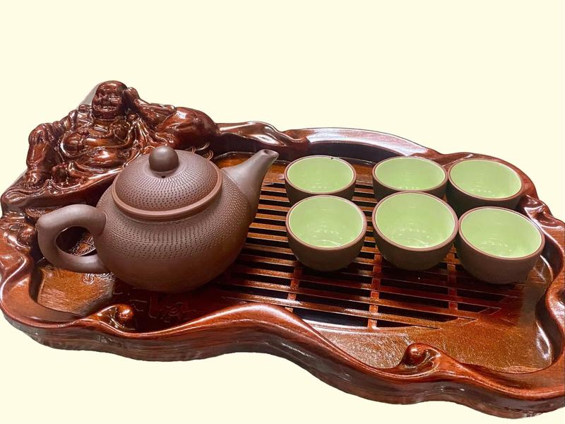 Combo khay trà và bộ ấm chén tử sa cổ cao gốm sứ Bát Tràng màu Nâu, bộ thưởng trà đẹp