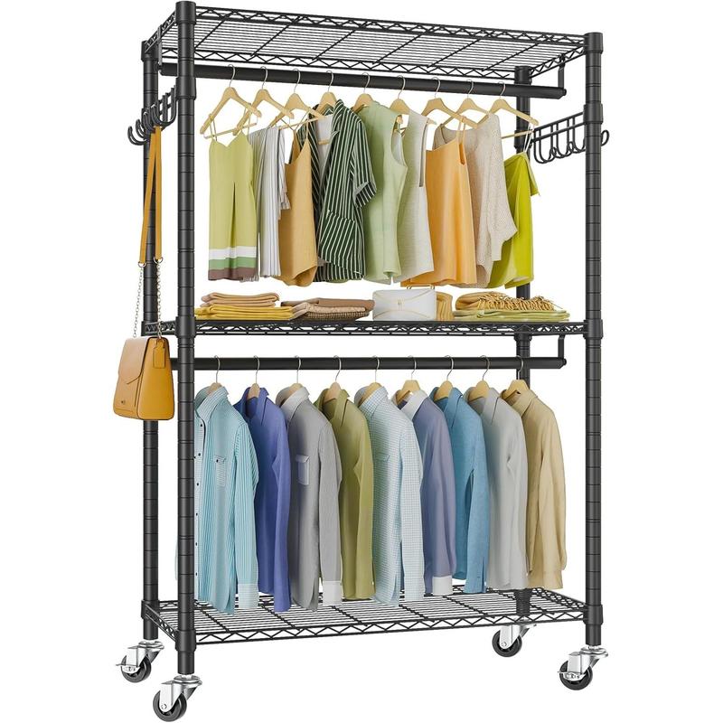 R2 Plus Heavy Duty Rolling Garment Rack 3 Tiers Adjustable Wire ...