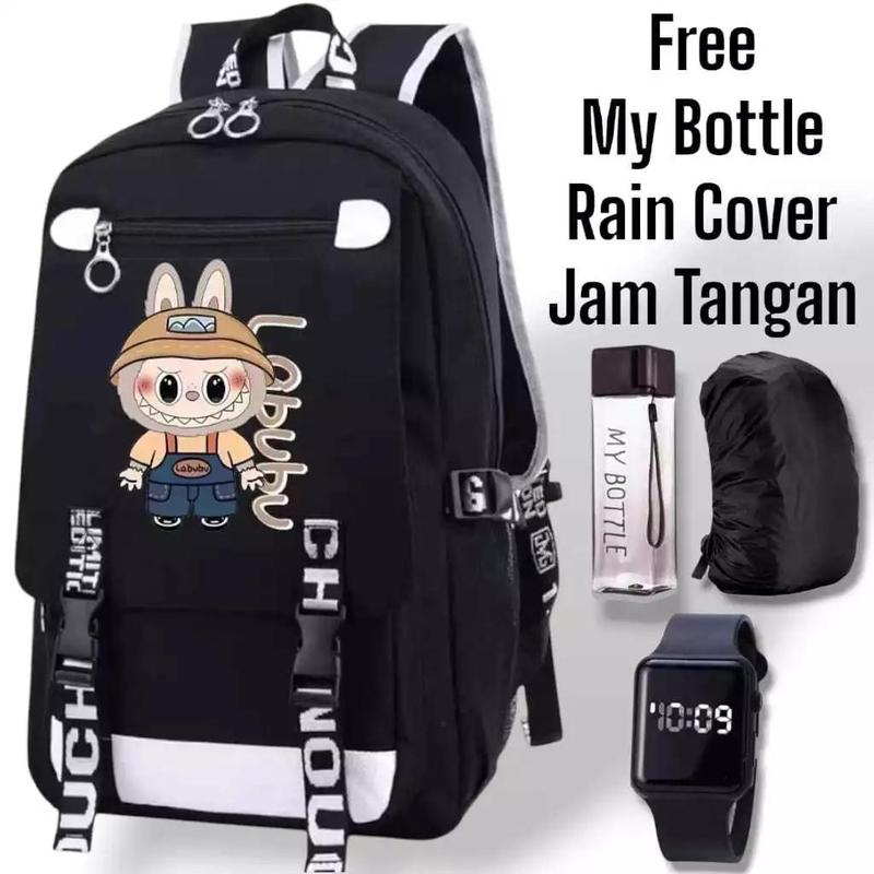 ADN STORE - TAS SEKOLAH ANAK SD PAUD TK KARAKTER LABUBU TAS RANSEL SEKOLAH ANAK LAKI LAKI PEREMPUAN TAS LABUBU FASHION FREE JAM LED MY BOTTLE BANYAK BONUSNYA 1