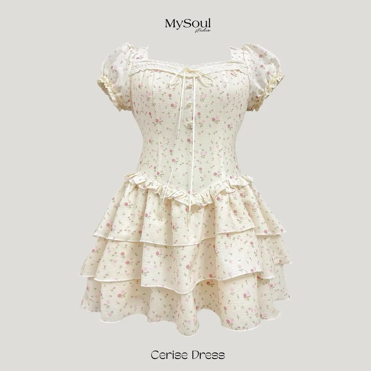 MYSOUL | CERISE DRESS | Đầm tay bồng tùng xoè 3 tầng hoa nhí viền ren màu be