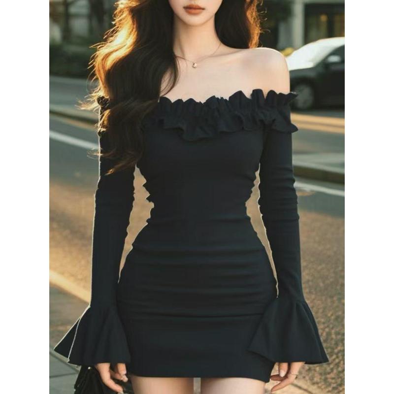 Váy Trễ Vai Xếp Nhún Phong Cách Xã Hội Thanh Lịch, Dành Cho Nữ, Váy Ngắn Bodycon Gợi Cảm, Hàng Mới Về Mùa Thu 2025 1