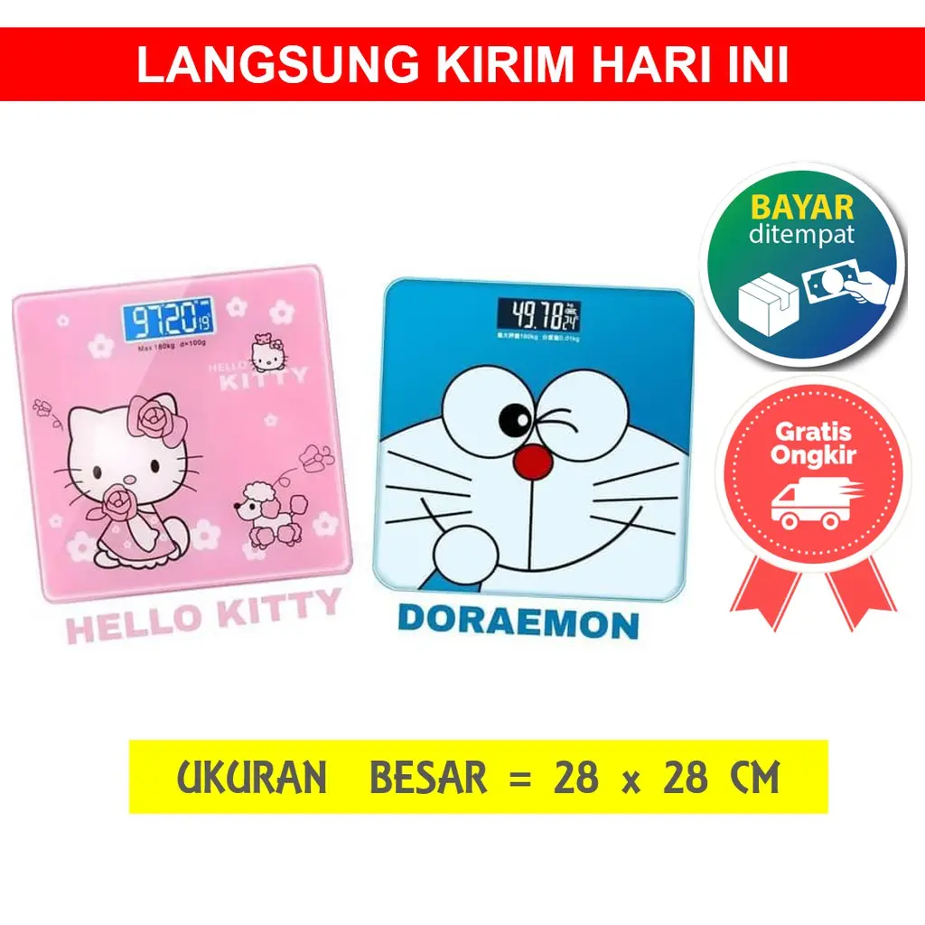 Promo ALAT TIMBANGAN TIMBANG BADAN DIGITAL KARAKTER  UKURAN BESAR 28 x 28 CM DORAEMON HELLO KITTY MOTIF LU Cod Terlaris