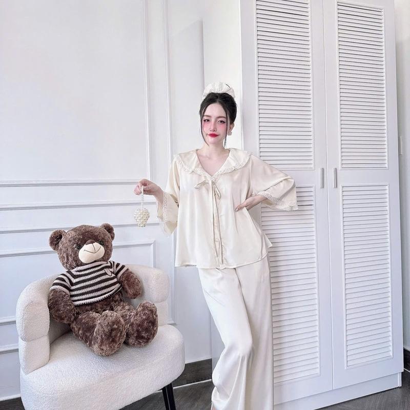 From RỘNG (45-70kg) Bộ Quần Áo Tiểu Thư Quần Dài, Áo Nơ Tay Lững Phối Ren Nữ Women 3