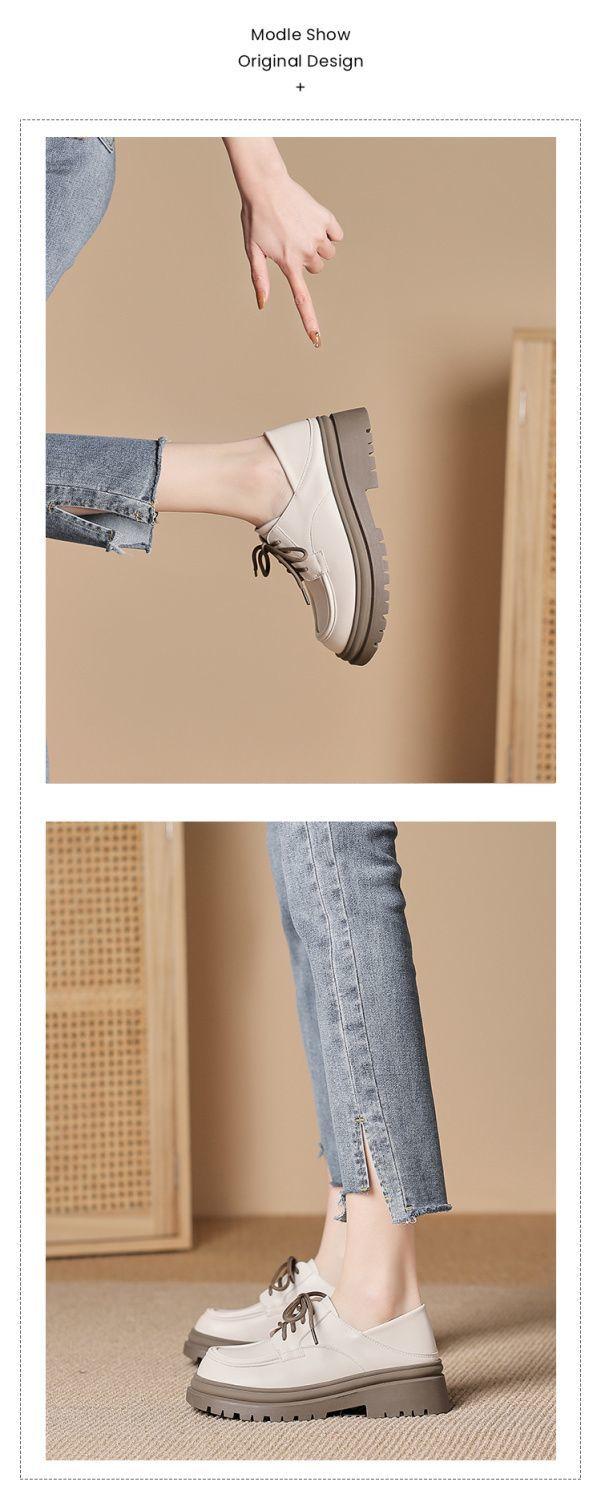 Product Introduction of Genuine Leather Loafers for Women 2024 Spring and Autumn New Soft Sole Thick Sole Lace-up Retro Single Shoes Versatile British JK Small Leather Shoes Women 22