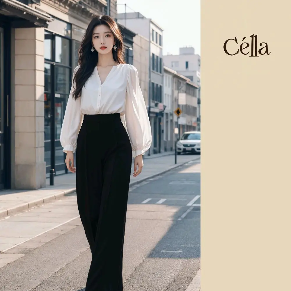 Bộ Quần Tây Nữ Ống Rộng Cạp Cao Màu Đen Và Áo Sơ Mi Trắng Cổ V Tơ Lụa, Đứng Form, Mặc Công Sở Đi Chơi, Size S-XXL - CÉLLA FASHION