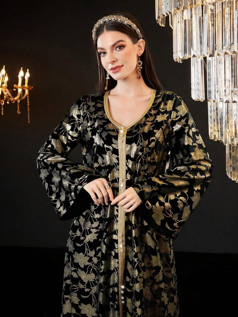 Product Introduction of Women's Floral Print Long Sleeve Dress, Elegant Open Front Maxi Muslim Dress for Party Daily Wear, Ladies Islamic Clothing for All Seasons 5