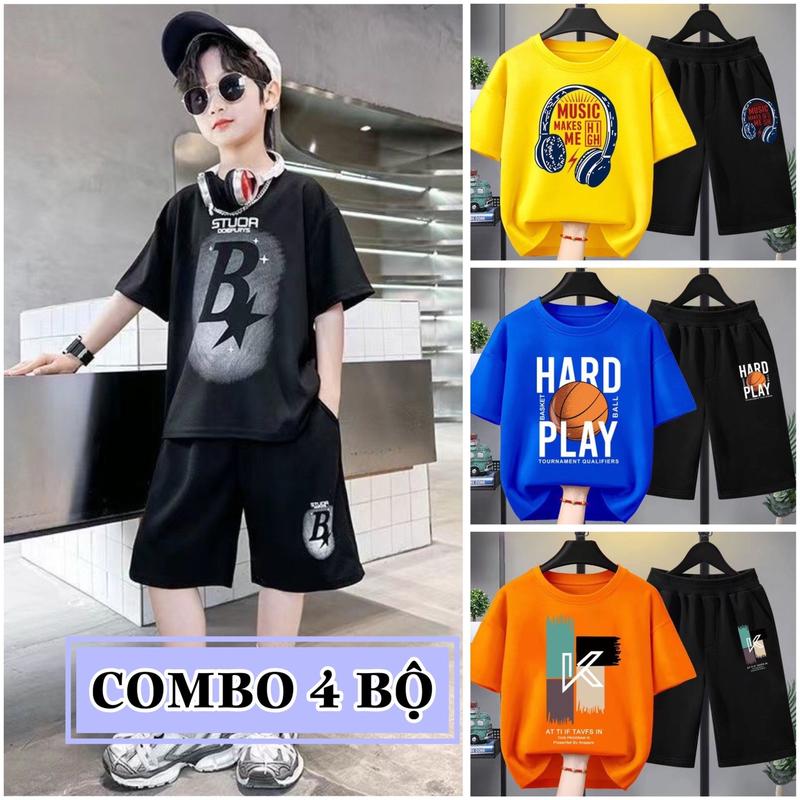 Combo 4 Bộ quần áo bé trai mùa hè size đại từ 17 đến 40kg, chất thun co giãn, mềm mát, phong cách Hàn Quốc cho bé trai từ 5 đến 14 tuổi, dáng quần đùi áo cộc tay thể thao. quần  áo