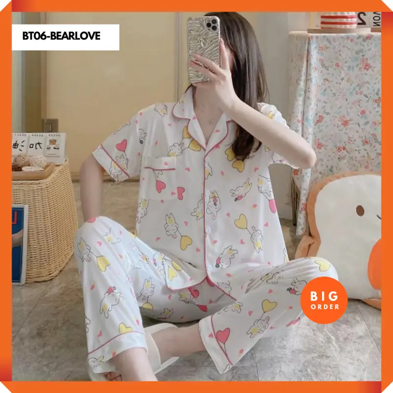TERSEDIA Set Baju Tidur Piyama Model Korea Kemeja Lengan Pendek Celana Panjang PART 3 - BO - BT06 Fit Katun Lembut Motif 6