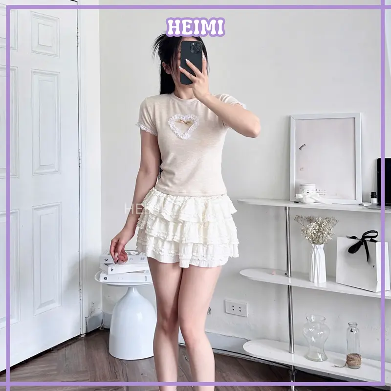 Áo Thun Nữ Phối Ren Trái Tim HEIMI, Áo Baby Tee Form Ôm Body Dễ Thương Chất Len Tăm Mềm Mịn 7
