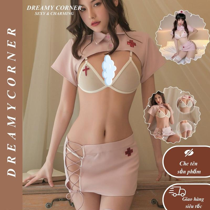  Đồ ngủ y tá Hồng sexy quyến rũ CHE TÊN DN25 Váy ngủ hóa thân cô y tá Hồng rút dây gợi cảm Váy ngủ cosplay y tá 