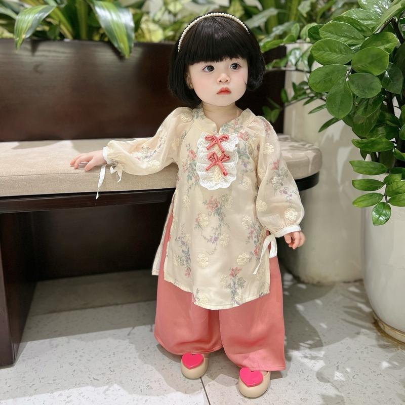 Áo Dài In Và Thêu Hoa Hiện Đại Sang Trọng Ngực Ren Quần Lụa Satin Cho Bé Gái Kèm Cài Ngọc 5-12kg