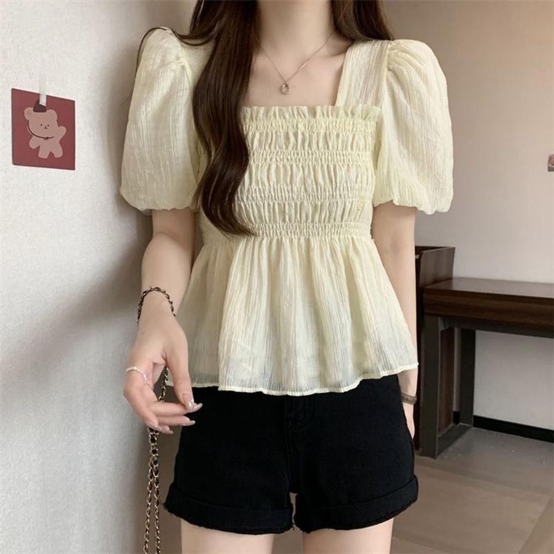 Product Introduction of Áo Voan, Cổ Vuông Phong Cách Pháp, ngắn Tay, Hàng Mới Về Mùa Hè 2025, Tay Phồng Duyên Dáng Áo Ngắn, Áo Cánh Dáng Rộng Vừa Vặn, Dành Cho Nữ 33