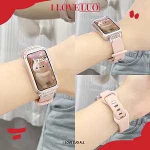 Hard PC Case Rubber Strap for Xiaomi Smart Mi Band 9 Active/Mi Band 8 Active Soft Silicone Adjustable Belt Band Anti Gores Transparent Screen Protector Cover Wristband Bracelet Accessories for Tali Jam Tangan Smartwatch Protection