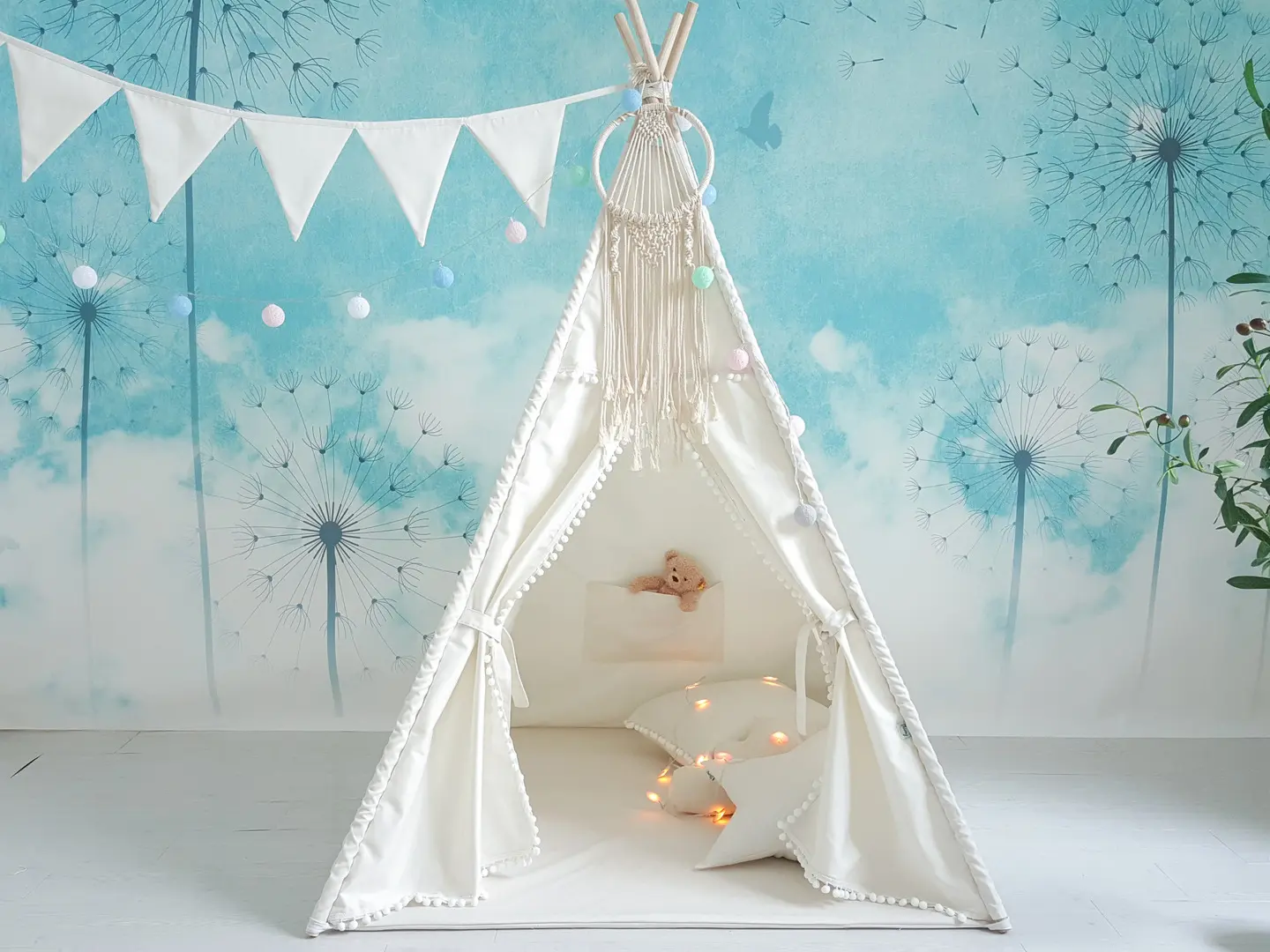 Lều vải cho bé màu trắng vải kaki cotton 100% cọc gỗ tự nhiên | Gỗ tự nhiên an toàn cho trẻ | Playtent for Kids