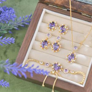 Set Barang Kemas Wanita, Reka Bentuk Asal dengan Hak Cipta, Zirkon Ungu, Rekaan Rama-rama Indah, Gaya Perancis, Mewah Mampu Milik, Kalung, Gelang dan Anting-Anting Perak Permata Jewelry