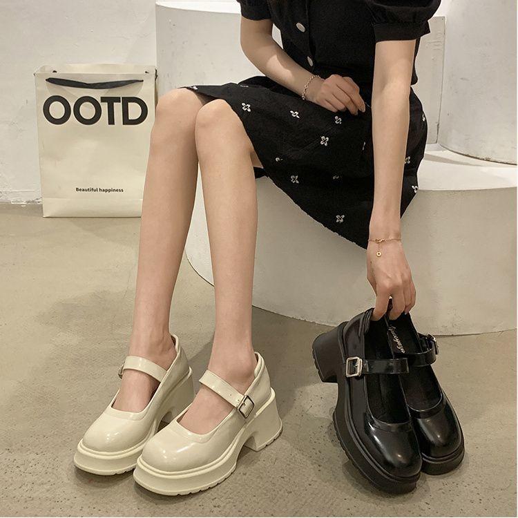 Giày Mary Jane, Đế Dày, Phong Cách Pháp, Giày Cao Gót Chunky Màu Trắng, Cắt Nông, Tăng Chiều Cao Nhỏ, Thích Hợp Cho Váy, Giày Da Nhỏ Dành Cho Nữ 3