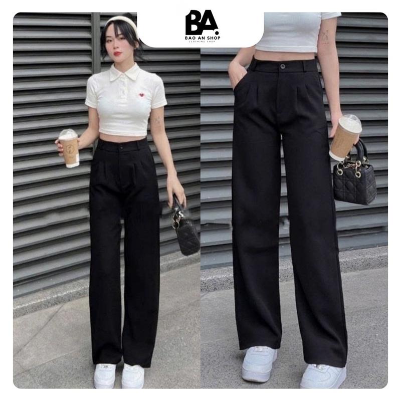 Quần Ống Rộng Suông Lưng Cao Khóa Trước 1 Khuy Giữa Chất Vải Tuyết Mưa Đen Quần Ống Xuông Cạp Cao Dáng Tây Dài Đẹp Pants Nữ Ong Women